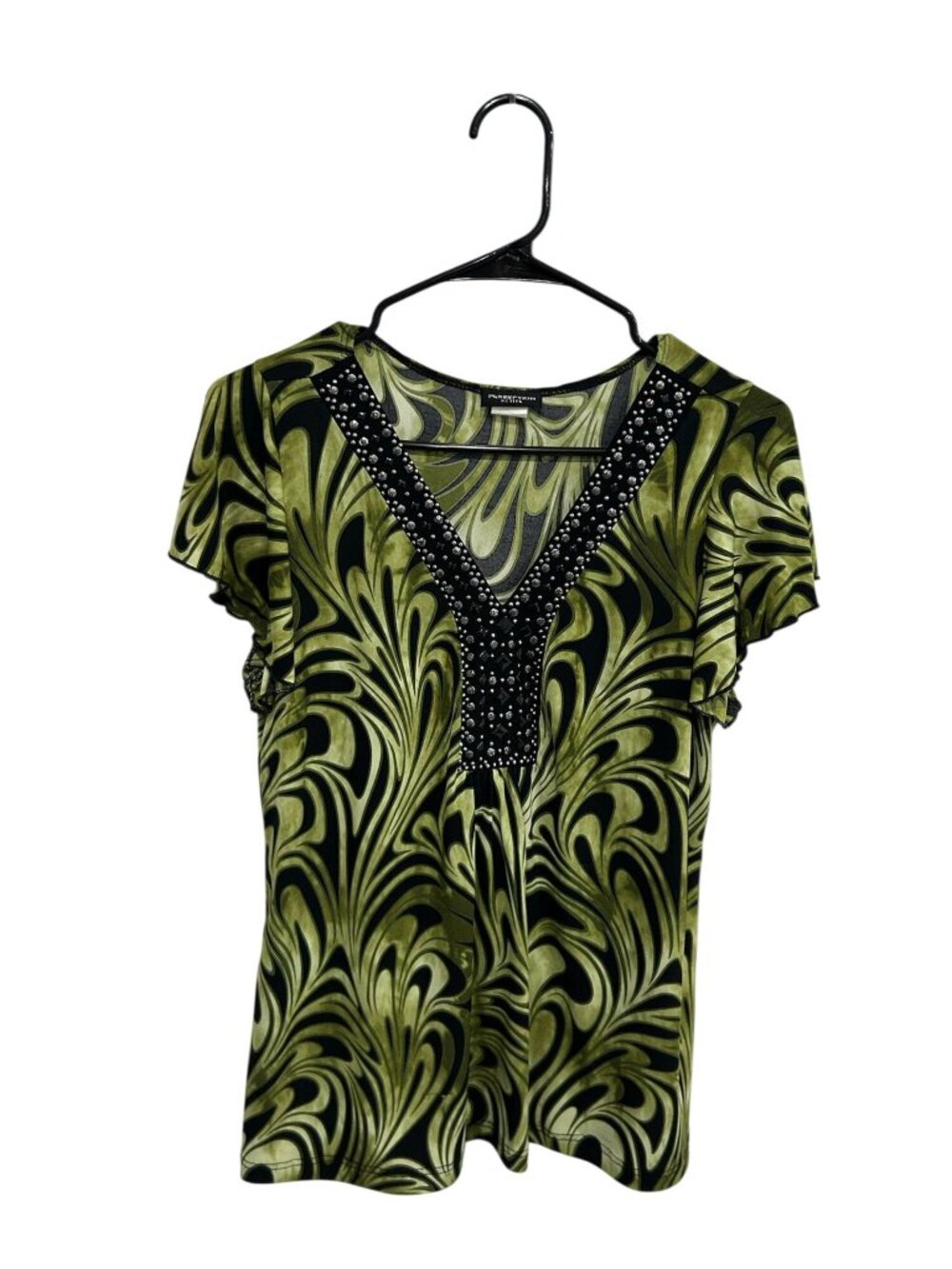 Perception Large Petite Green Black Swirl Beaded V-Neck Top Statement Style